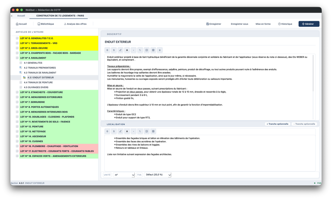 Page de travail Rédibat : arborescence des lots et articles à gauche, descriptif et localisation de l'article à droite.