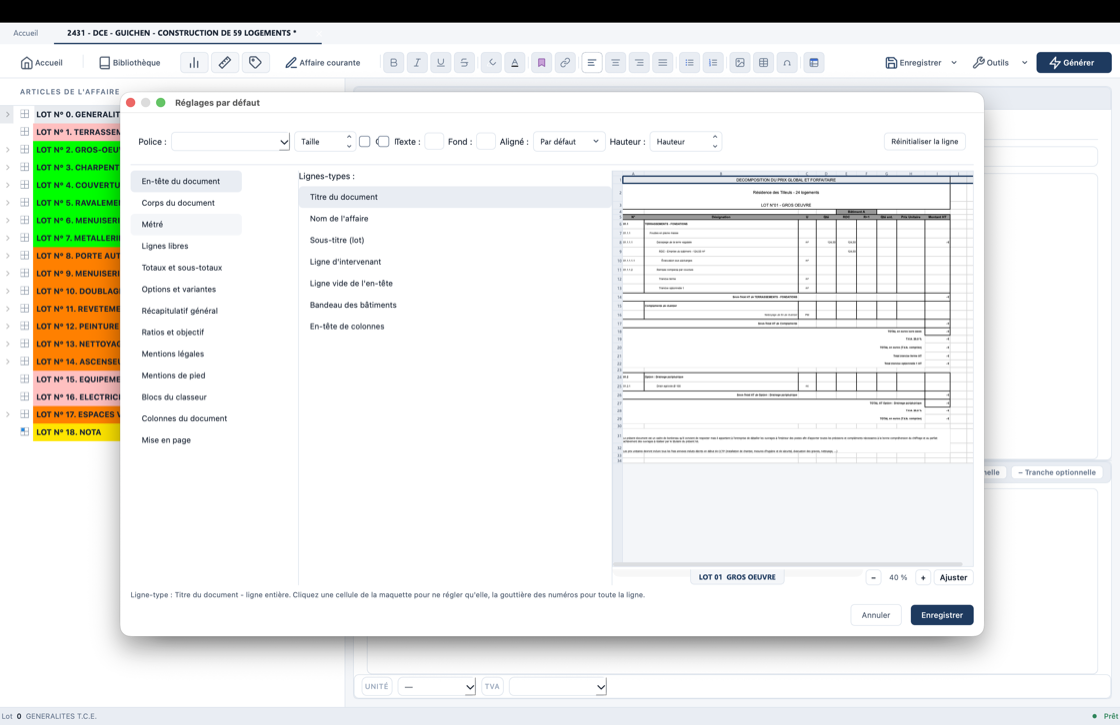 Éditeur de modèle de DPGF dans Rédibat : réglage des lignes-types du bordereau sur une maquette du tableau Excel.