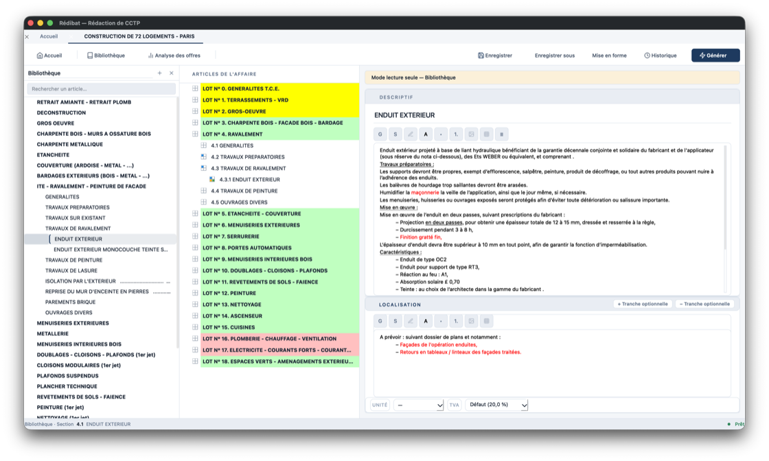Espace de travail Rédibat avec la bibliothèque personnalisable ouverte à gauche pour glisser-déposer des articles dans le CCTP.