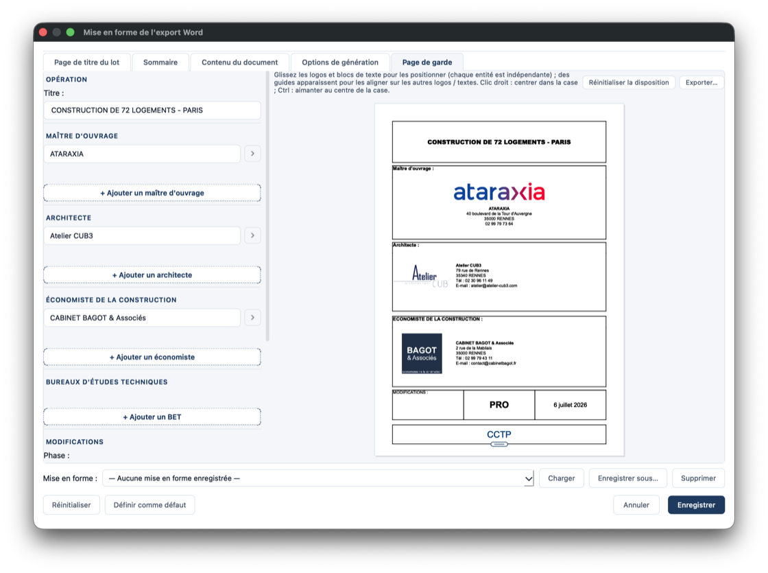 Éditeur de page de garde Rédibat : formulaire des intervenants à gauche, aperçu de la page de garde avec logos et contacts à droite.