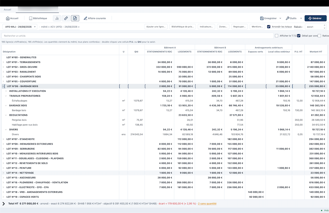 Page de travail de l'estimation dans Rédibat : lots et articles avec quantités, colonnes de montants par bâtiment, prix unitaire et montant HT.