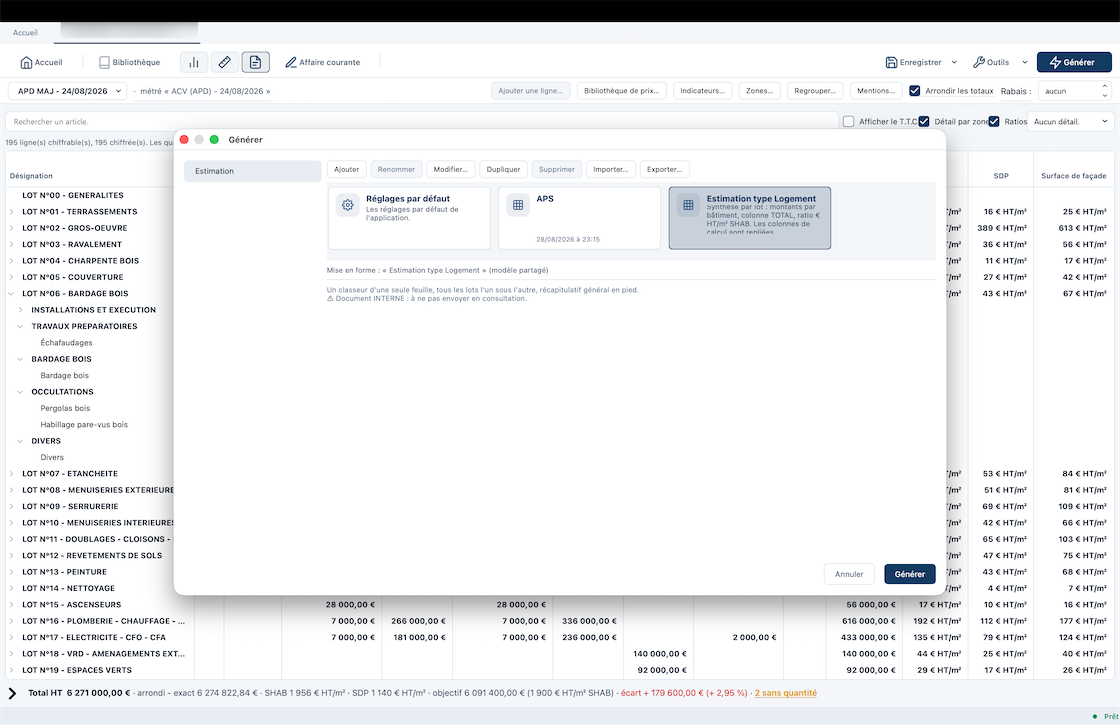 Fenêtre de génération de l'estimation dans Rédibat : choix du modèle de mise en forme et description du classeur Excel produit.