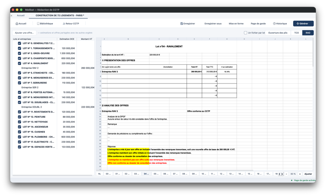 Rapport d'analyse des offres (RAO) dans Rédibat : présentation des offres et analyse par lot, avec les mentions de conformité au CCTP pré-rédigées.