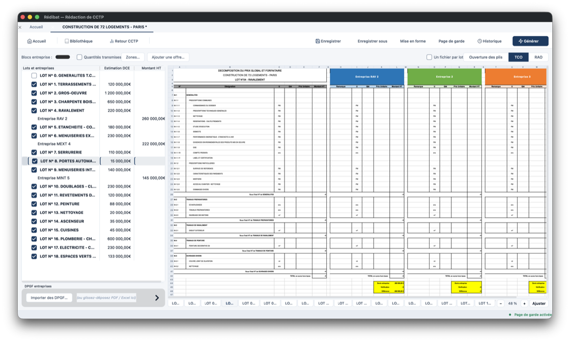 Tableau comparatif des offres (TCO) dans Rédibat : les devis de plusieurs entreprises affichés côte à côte, article par article, à partir de la DPGF.